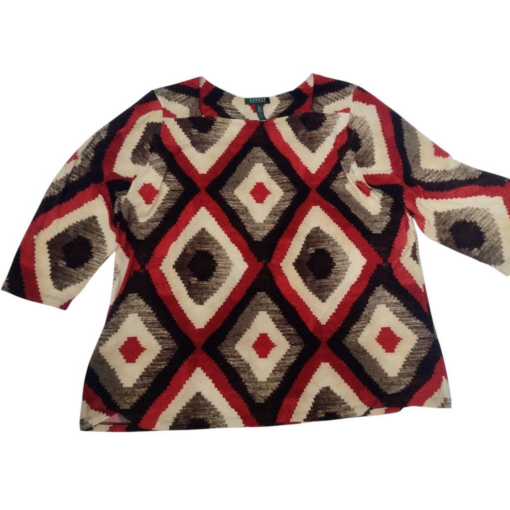Lrl Ralph Lauren Slinky Ikat Tunic Top Womens 3x Vtg Career Stretch Square Neck